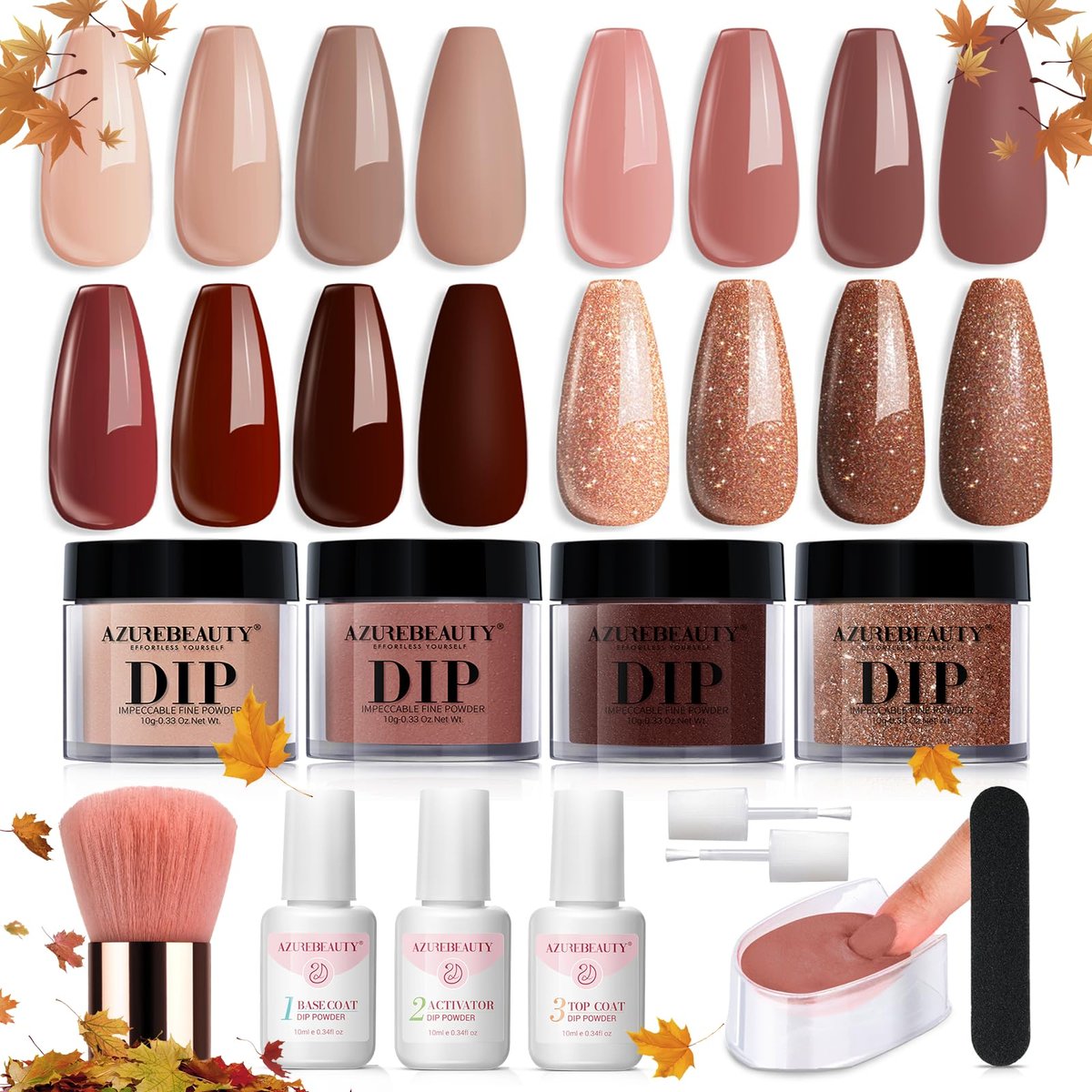 AZUREBEAUTY Dip Powder Nail Kit Starter - 4 Colors Skin Nude Brown Glitter, Dipping Powder Liquid Set with Base/Top Coat Activator for Daily French Nail Art Manicure DIY Gift (12 Pcs) Avelisse