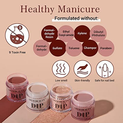 AZUREBEAUTY Dip Powder Nail Kit Starter - 4 Colors Skin Nude Brown Glitter, Dipping Powder Liquid Set with Base/Top Coat Activator for Daily French Nail Art Manicure DIY Gift (12 Pcs) Avelisse
