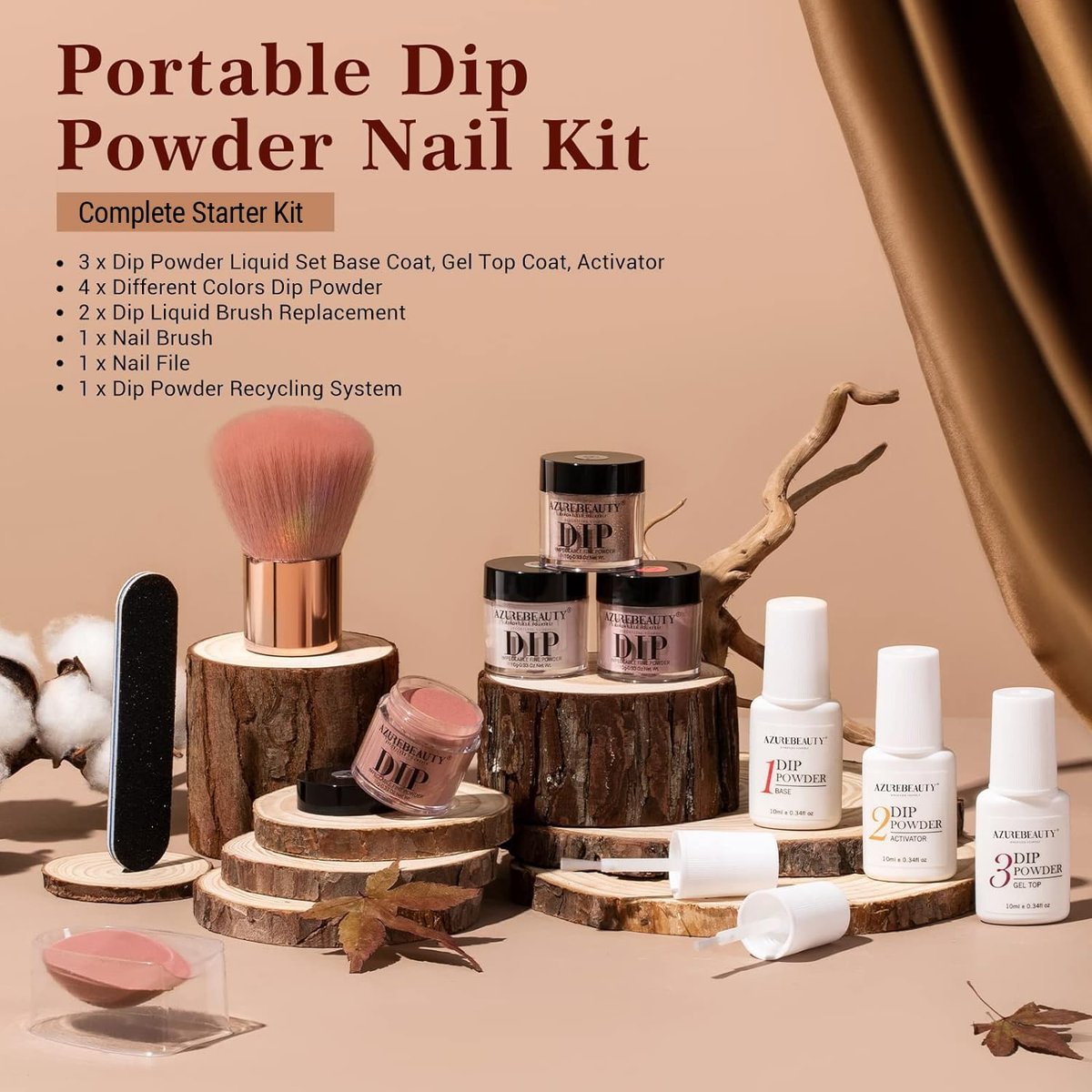 AZUREBEAUTY Dip Powder Nail Kit Starter - 4 Colors Skin Nude Brown Glitter, Dipping Powder Liquid Set with Base/Top Coat Activator for Daily French Nail Art Manicure DIY Gift (12 Pcs) Avelisse