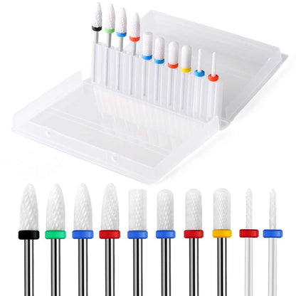 ERUIKA 10-Piece Ceramic Nail Drill Bits Set - 3/32 Shank Professional Rotary Burrs for Acrylic, Gel, Cuticle Removal, and Nail Extension - Electric Manicure Pedicure File