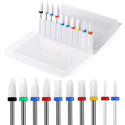 ERUIKA 10-Piece Ceramic Nail Drill Bits Set - 3/32 Shank Professional Rotary Burrs for Acrylic, Gel, Cuticle Removal, and Nail Extension - Electric Manicure Pedicure File