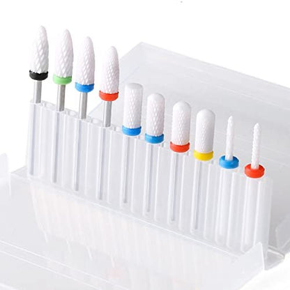 ERUIKA 10-Piece Ceramic Nail Drill Bits Set - 3/32 Shank Professional Rotary Burrs for Acrylic, Gel, Cuticle Removal, and Nail Extension - Electric Manicure Pedicure File