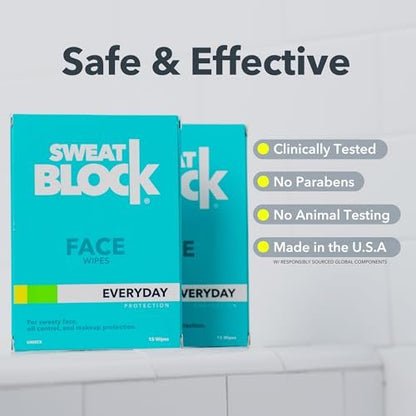 SweatBlock Antiperspirant Face Wipes for Men & Women – 15 Count – Clinically Tested to Control Oily Skin, Reduce Shine & Facial Perspiration with Vitamin E Avelisse