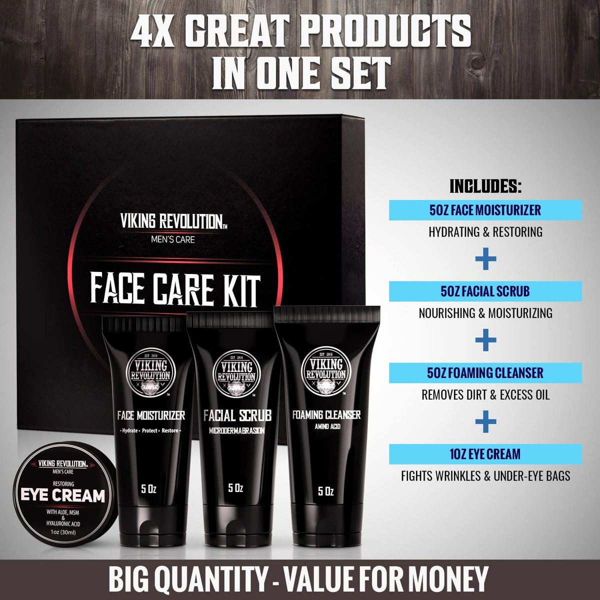 Viking Revolution Men's Facial Skin Care Kit - Rejuvenating Face Moisturizer, Microdermabrasion Scrub, Foaming Cleanser & Eye Cream Avelisse