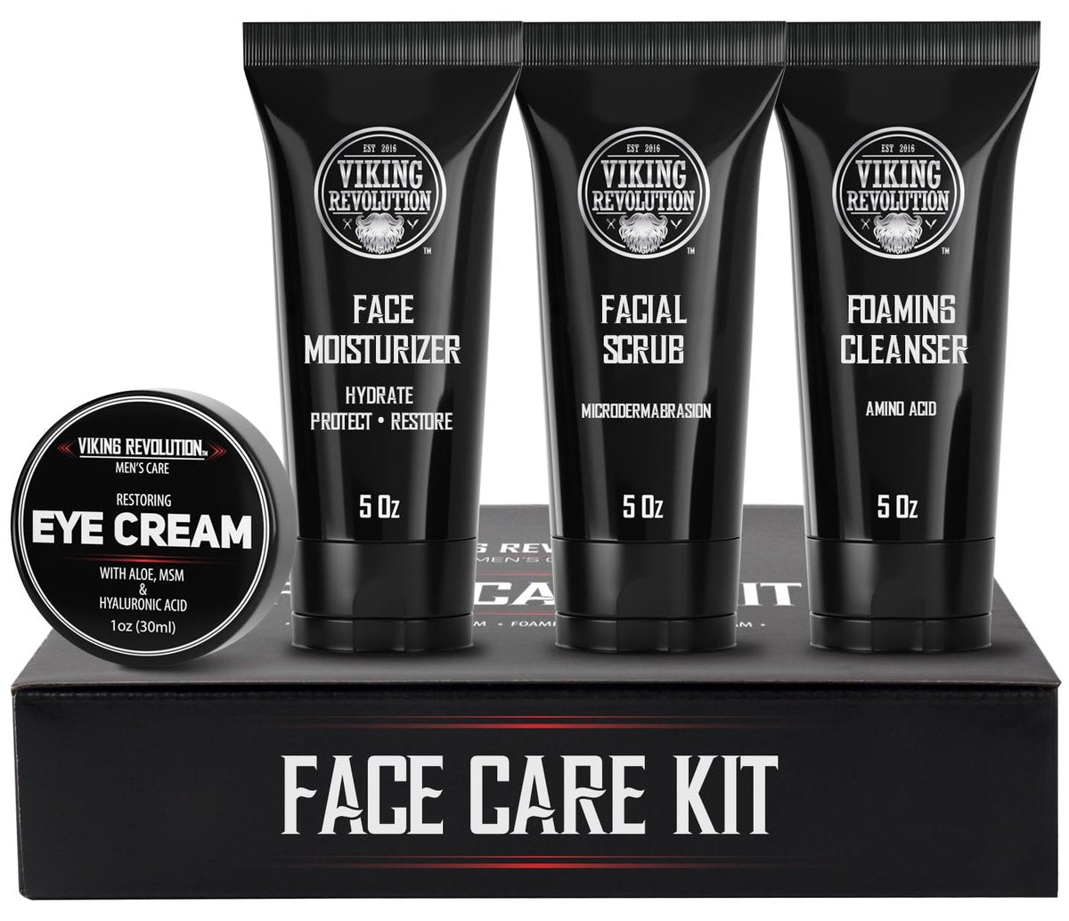 Viking Revolution Men's Facial Skin Care Kit - Rejuvenating Face Moisturizer, Microdermabrasion Scrub, Foaming Cleanser & Eye Cream Avelisse