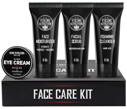 Viking Revolution Men's Facial Skin Care Kit - Rejuvenating Face Moisturizer, Microdermabrasion Scrub, Foaming Cleanser & Eye Cream Avelisse