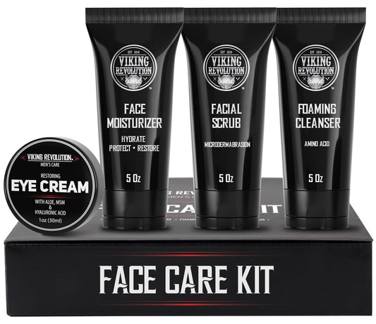 Viking Revolution Men's Facial Skin Care Kit - Rejuvenating Face Moisturizer, Microdermabrasion Scrub, Foaming Cleanser & Eye Cream Avelisse