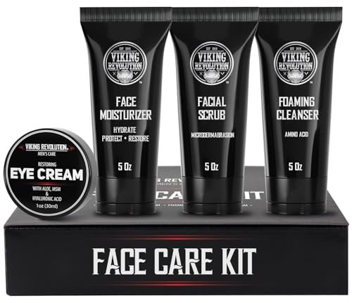 Viking Revolution Men's Facial Skin Care Kit - Rejuvenating Face Moisturizer, Microdermabrasion Scrub, Foaming Cleanser & Eye Cream Avelisse