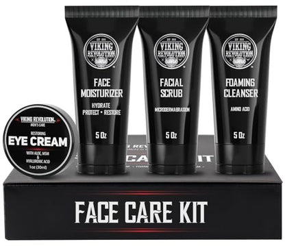 Viking Revolution Men's Facial Skin Care Kit - Rejuvenating Face Moisturizer, Microdermabrasion Scrub, Foaming Cleanser & Eye Cream Avelisse