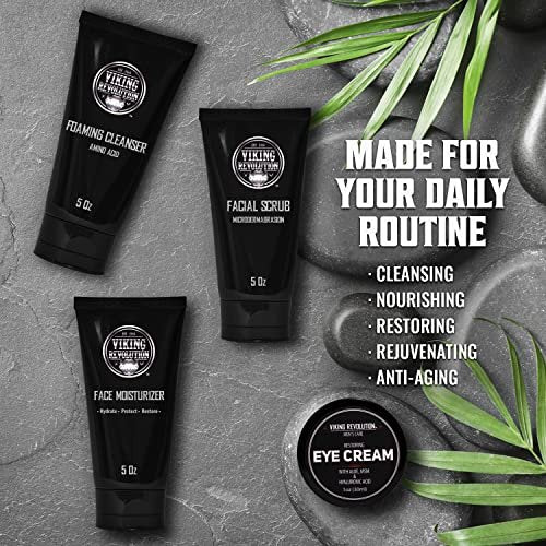 Viking Revolution Men's Facial Skin Care Kit - Rejuvenating Face Moisturizer, Microdermabrasion Scrub, Foaming Cleanser & Eye Cream Avelisse