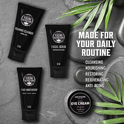 Viking Revolution Men's Facial Skin Care Kit - Rejuvenating Face Moisturizer, Microdermabrasion Scrub, Foaming Cleanser & Eye Cream Avelisse