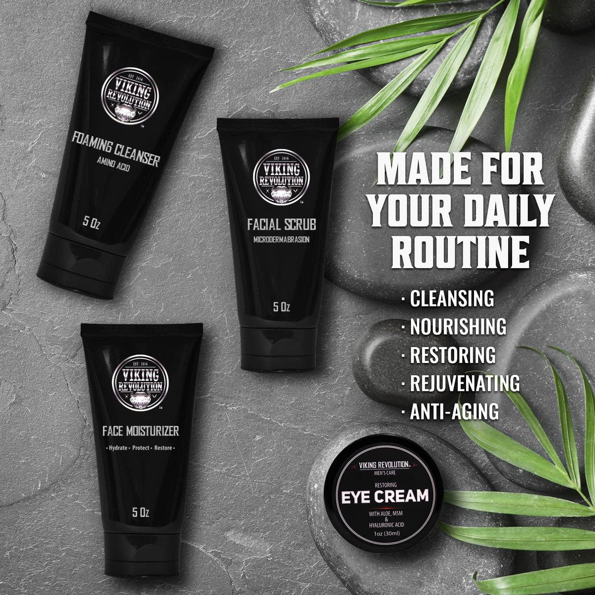 Viking Revolution Men's Facial Skin Care Kit - Rejuvenating Face Moisturizer, Microdermabrasion Scrub, Foaming Cleanser & Eye Cream Avelisse