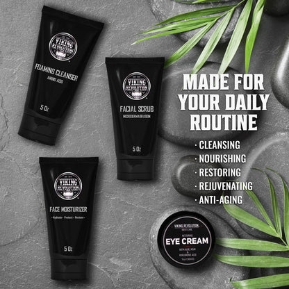 Viking Revolution Men's Facial Skin Care Kit - Rejuvenating Face Moisturizer, Microdermabrasion Scrub, Foaming Cleanser & Eye Cream Avelisse