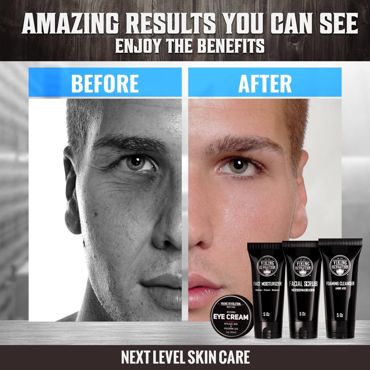 Viking Revolution Men's Facial Skin Care Kit - Rejuvenating Face Moisturizer, Microdermabrasion Scrub, Foaming Cleanser & Eye Cream Avelisse