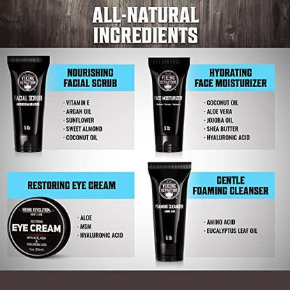 Viking Revolution Men's Facial Skin Care Kit - Rejuvenating Face Moisturizer, Microdermabrasion Scrub, Foaming Cleanser & Eye Cream Avelisse