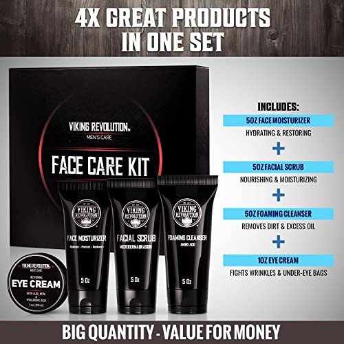 Viking Revolution Men's Facial Skin Care Kit - Rejuvenating Face Moisturizer, Microdermabrasion Scrub, Foaming Cleanser & Eye Cream Avelisse