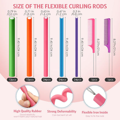 Tigeen 96-Piece Flexible Curling Rods - No Heat Foam Hair Rollers with 2 Rat Tail Combs, 9.45 Inch, Multi Size & Color Avelisse