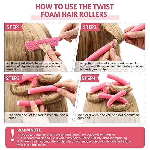 Tigeen 96-Piece Flexible Curling Rods - No Heat Foam Hair Rollers with 2 Rat Tail Combs, 9.45 Inch, Multi Size & Color Avelisse