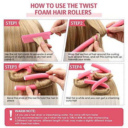 Tigeen 96-Piece Flexible Curling Rods - No Heat Foam Hair Rollers with 2 Rat Tail Combs, 9.45 Inch, Multi Size & Color Avelisse