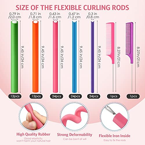 Tigeen 96-Piece Flexible Curling Rods - No Heat Foam Hair Rollers with 2 Rat Tail Combs, 9.45 Inch, Multi Size & Color Avelisse