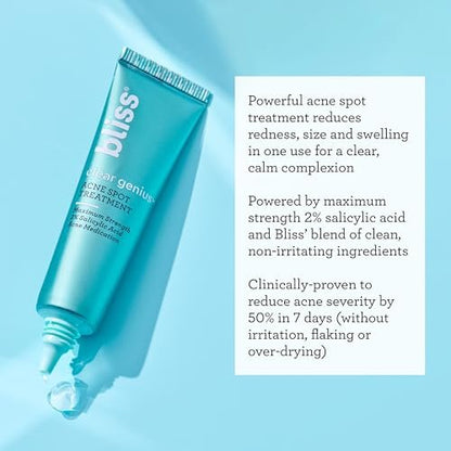 Bliss Clear Genius Acne Spot Treatment – Maximum Strength 2% Salicylic Acid, Shrinks Blemishes, Clean & Vegan, 0.5 Fl Oz Avelisse