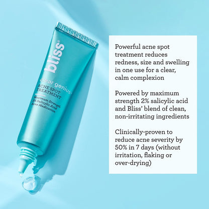 Bliss Clear Genius Acne Spot Treatment – Maximum Strength 2% Salicylic Acid, Shrinks Blemishes, Clean & Vegan, 0.5 Fl Oz Avelisse