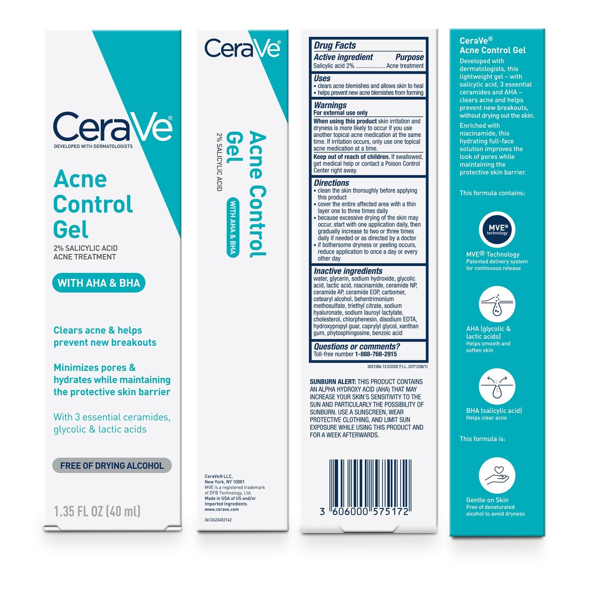 CeraVe Acne Control Gel with 2% Salicylic Acid, Glycolic Acid, Lactic Acid & Niacinamide - 1.35 Fl Oz Avelisse