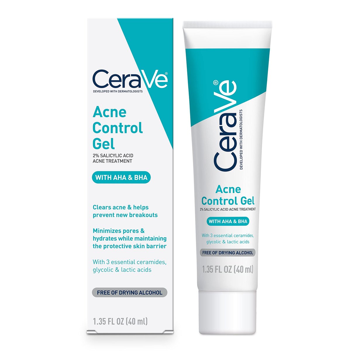 CeraVe Acne Control Gel with 2% Salicylic Acid, Glycolic Acid, Lactic Acid & Niacinamide - 1.35 Fl Oz Avelisse