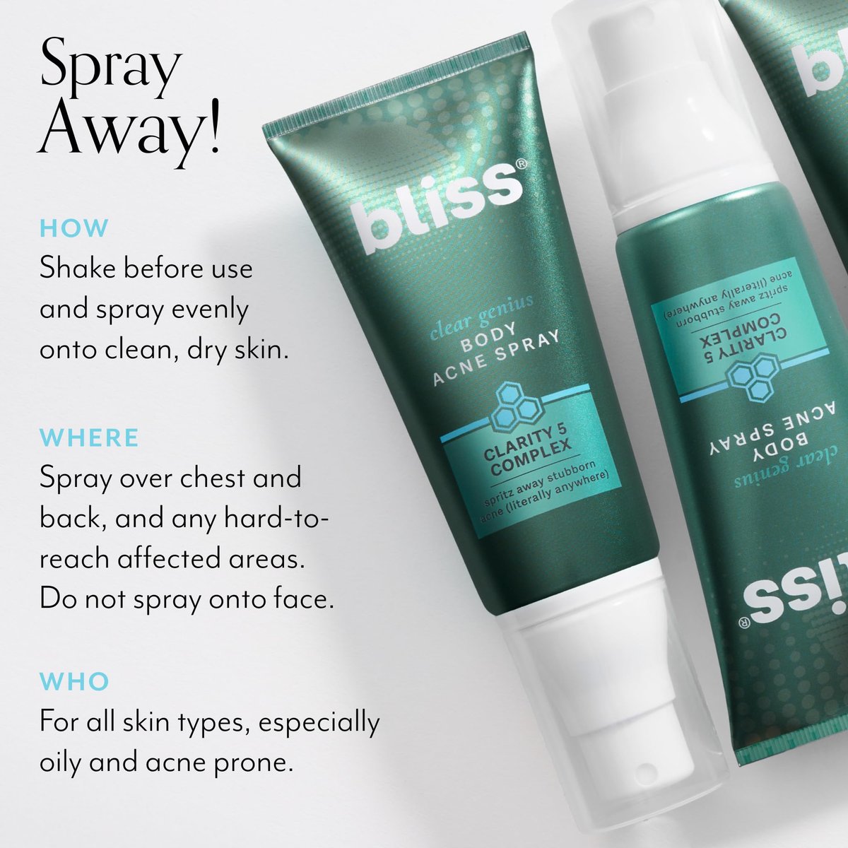 Bliss Clear Genius Body Acne Spray - Maximum Strength 2% Salicylic Acid & Niacinamide - 3.5 Fl Oz - Targets & Prevents Body Breakouts - Vegan & Cruelty-Free Avelisse