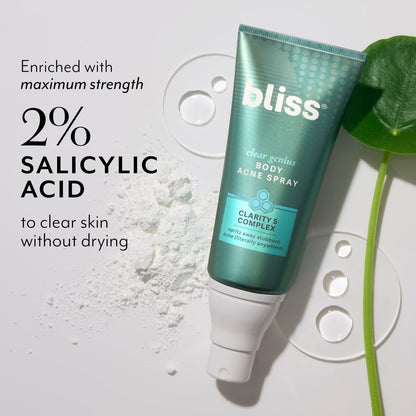 Bliss Clear Genius Body Acne Spray - Maximum Strength 2% Salicylic Acid & Niacinamide - 3.5 Fl Oz - Targets & Prevents Body Breakouts - Vegan & Cruelty-Free Avelisse