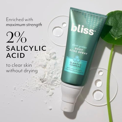 Bliss Clear Genius Body Acne Spray - Maximum Strength 2% Salicylic Acid & Niacinamide - 3.5 Fl Oz - Targets & Prevents Body Breakouts - Vegan & Cruelty-Free Avelisse