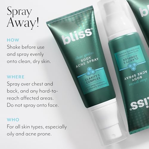 Bliss Clear Genius Body Acne Spray - Maximum Strength 2% Salicylic Acid & Niacinamide - 3.5 Fl Oz - Targets & Prevents Body Breakouts - Vegan & Cruelty-Free Avelisse