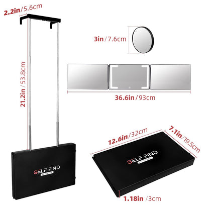 Self Find 3-Way Mirror for Self Hair Cutting with Ring Light, Rechargeable 360 Mirror for Hair Tools, Light and Height Adjustable Avelisse