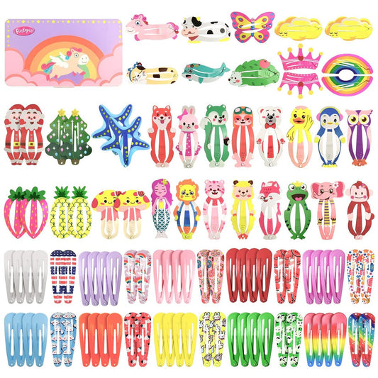 Funtopia 100 Pcs Cute Snap Hair Clips for Women, Teens, Girls - Colorful Metal Fruit Animal Barrettes, No Slip Design, Birthday Party Gift