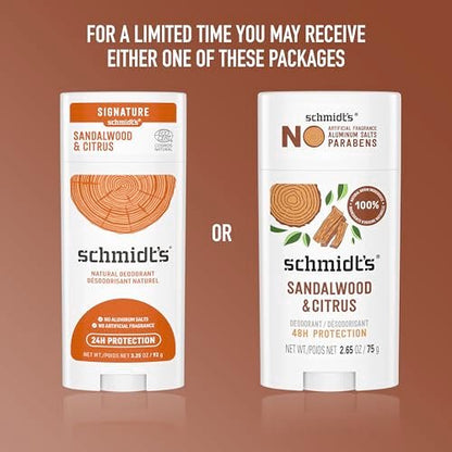 Schmidt's Aluminum-Free Vegan Deodorant Sandalwood & Citrus - Natural 24 Hour Odor Protection for Women and Men, 2.65 oz
