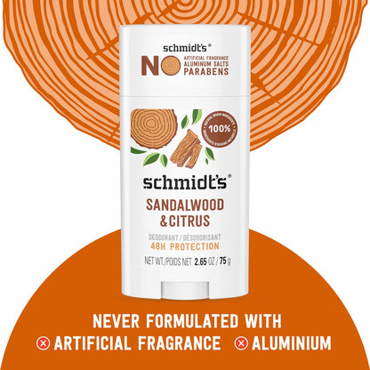Schmidt's Aluminum-Free Vegan Deodorant Sandalwood & Citrus - Natural 24 Hour Odor Protection for Women and Men, 2.65 oz