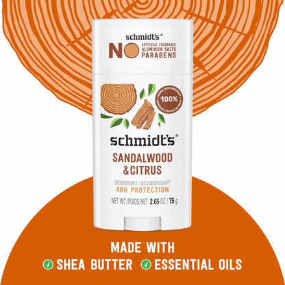 Schmidt's Aluminum-Free Vegan Deodorant Sandalwood & Citrus - Natural 24 Hour Odor Protection for Women and Men, 2.65 oz