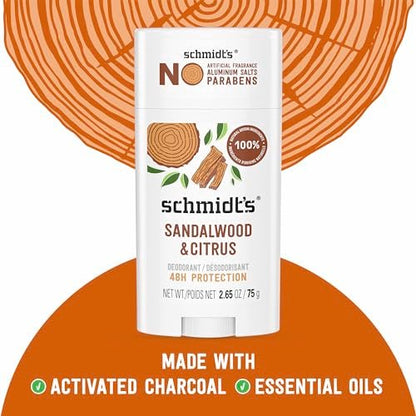 Schmidt's Aluminum-Free Vegan Deodorant Sandalwood & Citrus - Natural 24 Hour Odor Protection for Women and Men, 2.65 oz