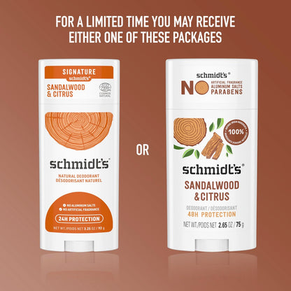 Schmidt's Aluminum-Free Vegan Deodorant Sandalwood & Citrus - Natural 24 Hour Odor Protection for Women and Men, 2.65 oz