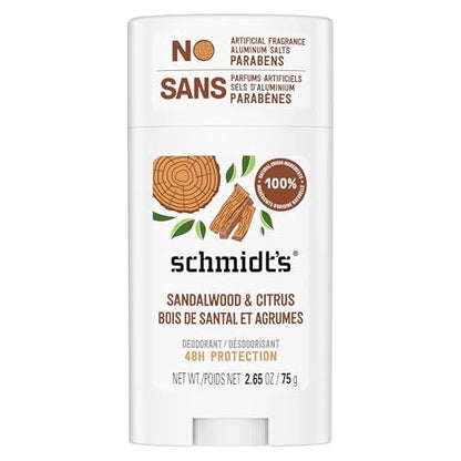 Schmidt's Aluminum-Free Vegan Deodorant Sandalwood & Citrus - Natural 24 Hour Odor Protection for Women and Men, 2.65 oz