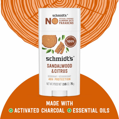 Schmidt's Aluminum-Free Vegan Deodorant Sandalwood & Citrus - Natural 24 Hour Odor Protection for Women and Men, 2.65 oz