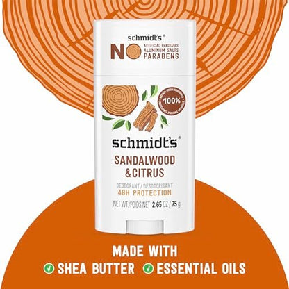 Schmidt's Aluminum-Free Vegan Deodorant Sandalwood & Citrus - Natural 24 Hour Odor Protection for Women and Men, 2.65 oz