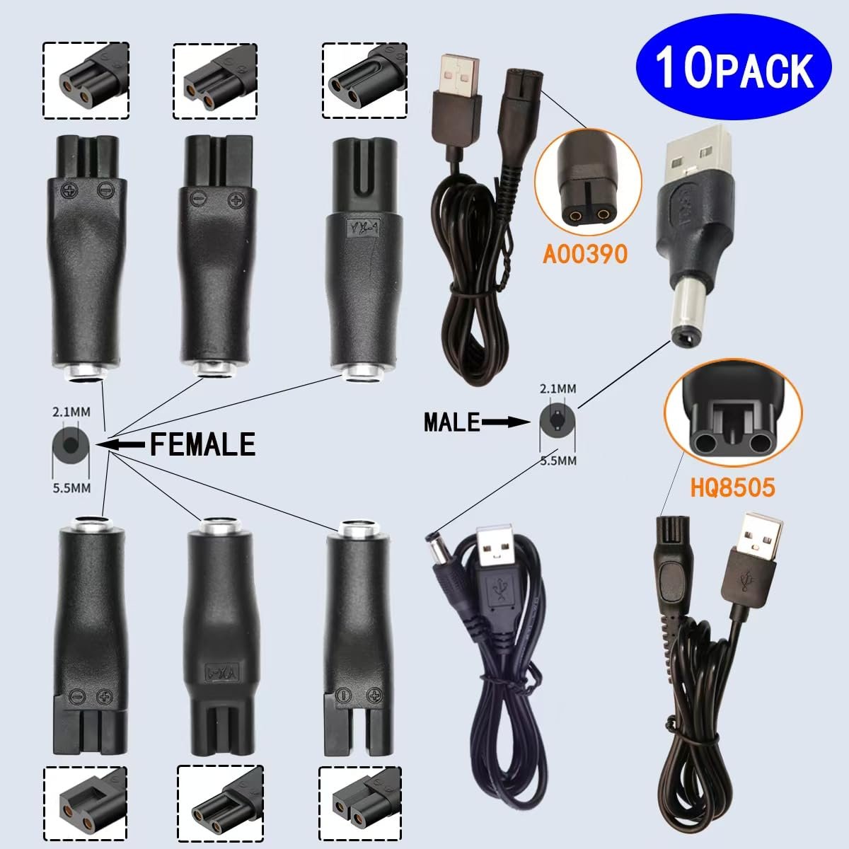 5V USB Power Cord Replacement Charger Adapter - Compatible with Electric Shavers, Hair Clippers, Purifiers, Lamps - 5521 DC Plug, 9-Piece Set - görsel 3