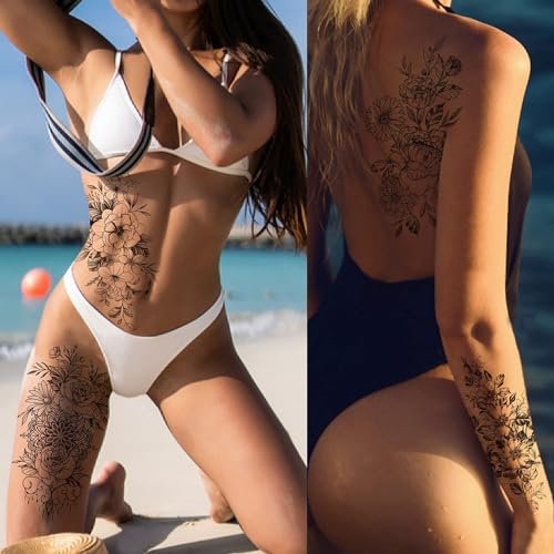 Cerlaza Long Lasting Realistic Temporary Tattoo Sleeve for Women - Waterproof Semi-Permanent Flower Tattoo Stickers - görsel 7