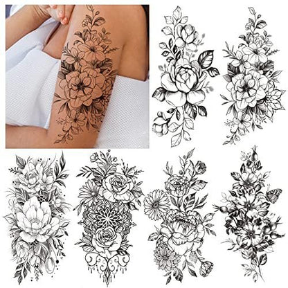 Cerlaza Long Lasting Realistic Temporary Tattoo Sleeve for Women - Waterproof Semi-Permanent Flower Tattoo Stickers