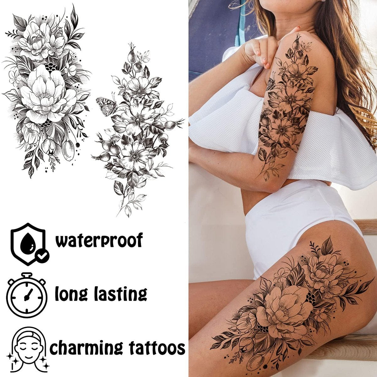 Cerlaza Long Lasting Realistic Temporary Tattoo Sleeve for Women - Waterproof Semi-Permanent Flower Tattoo Stickers - görsel 4