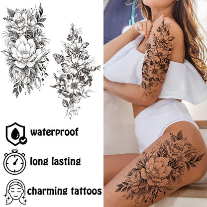 Cerlaza Long Lasting Realistic Temporary Tattoo Sleeve for Women - Waterproof Semi-Permanent Flower Tattoo Stickers