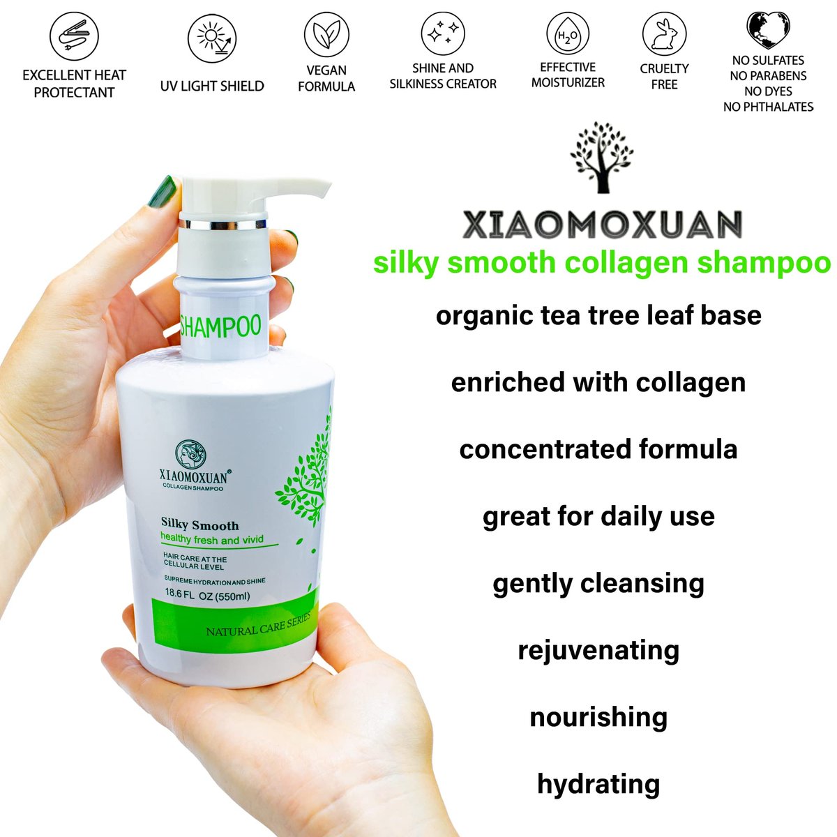 Xiaomoxuan Organic Tea Tree Oil Shampoo - Moisturizing for Dry Hair, Scalp Treatment, Sulfate-Free - Collagen Bond for Oily Scalp and Ends, 18.6 Fl Oz Avelisse