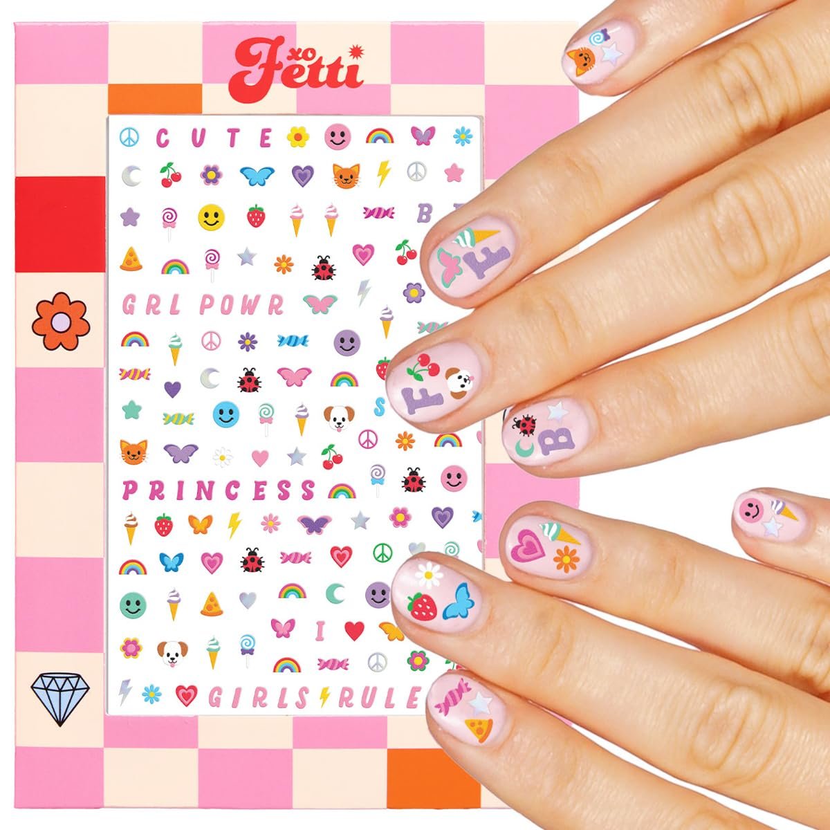 xo, Fetti Kids Nail Stickers - 816 Decals for Birthday Party Favors, DIY Home Activity, Gift, Cute Nail Transfers, Groovy, Princess, Girl Power, Easter Basket - görsel 1