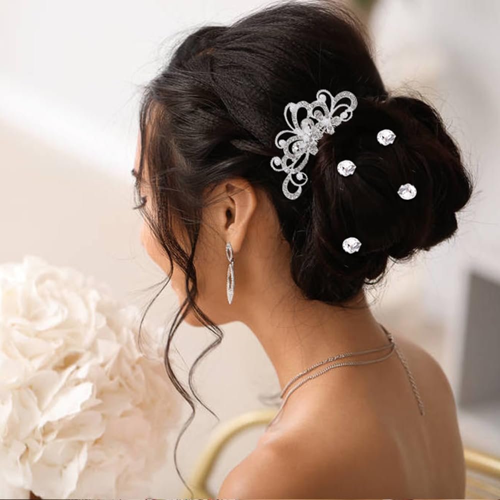 Cinaci 40-Piece Silver Rhinestone Butterfly Leaf Flower Bridal Hair Combs and Pins Set Avelisse